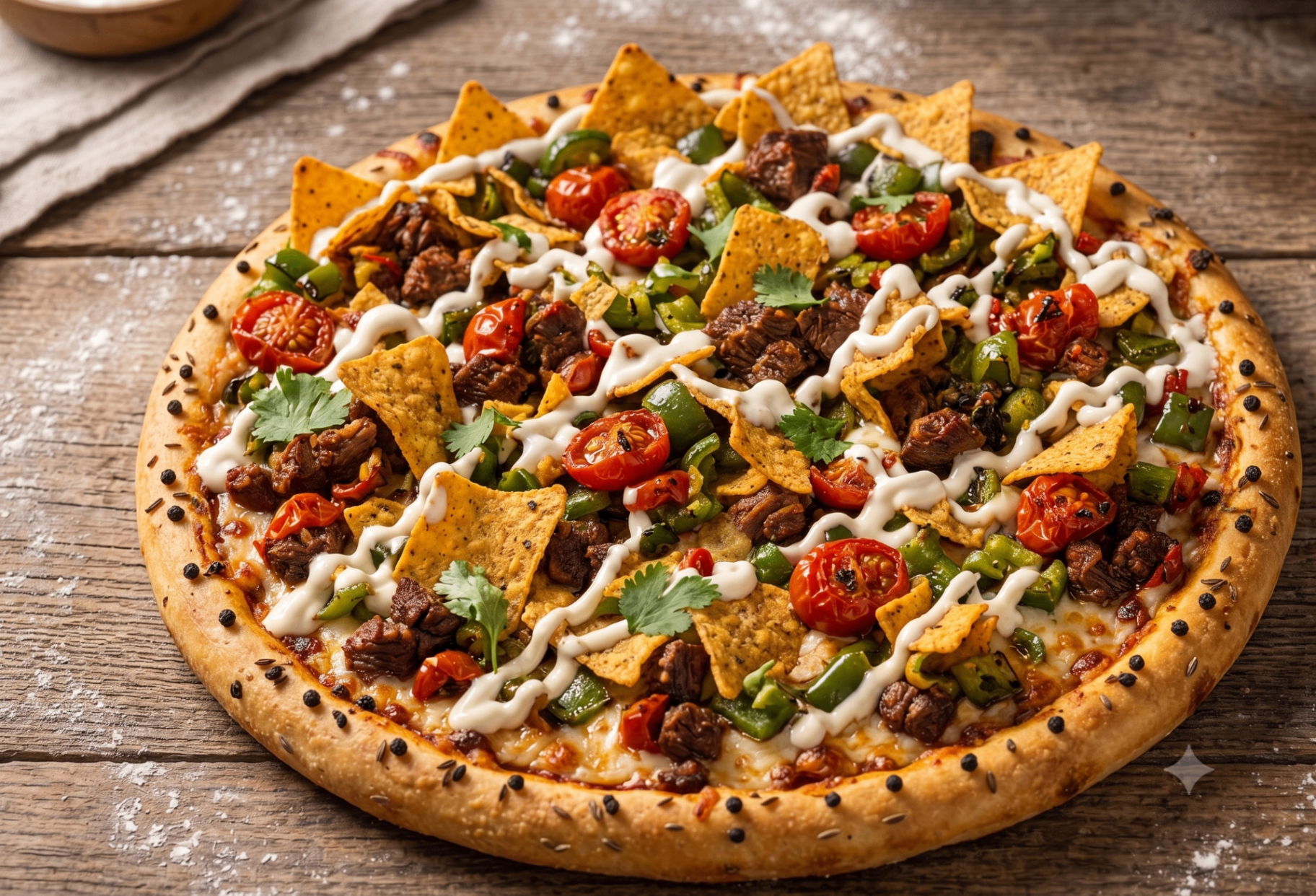 The Guap taco pizza with seasoned meat, tomatoes, peppers, crunchy tortilla chips and guap sauce drizzle