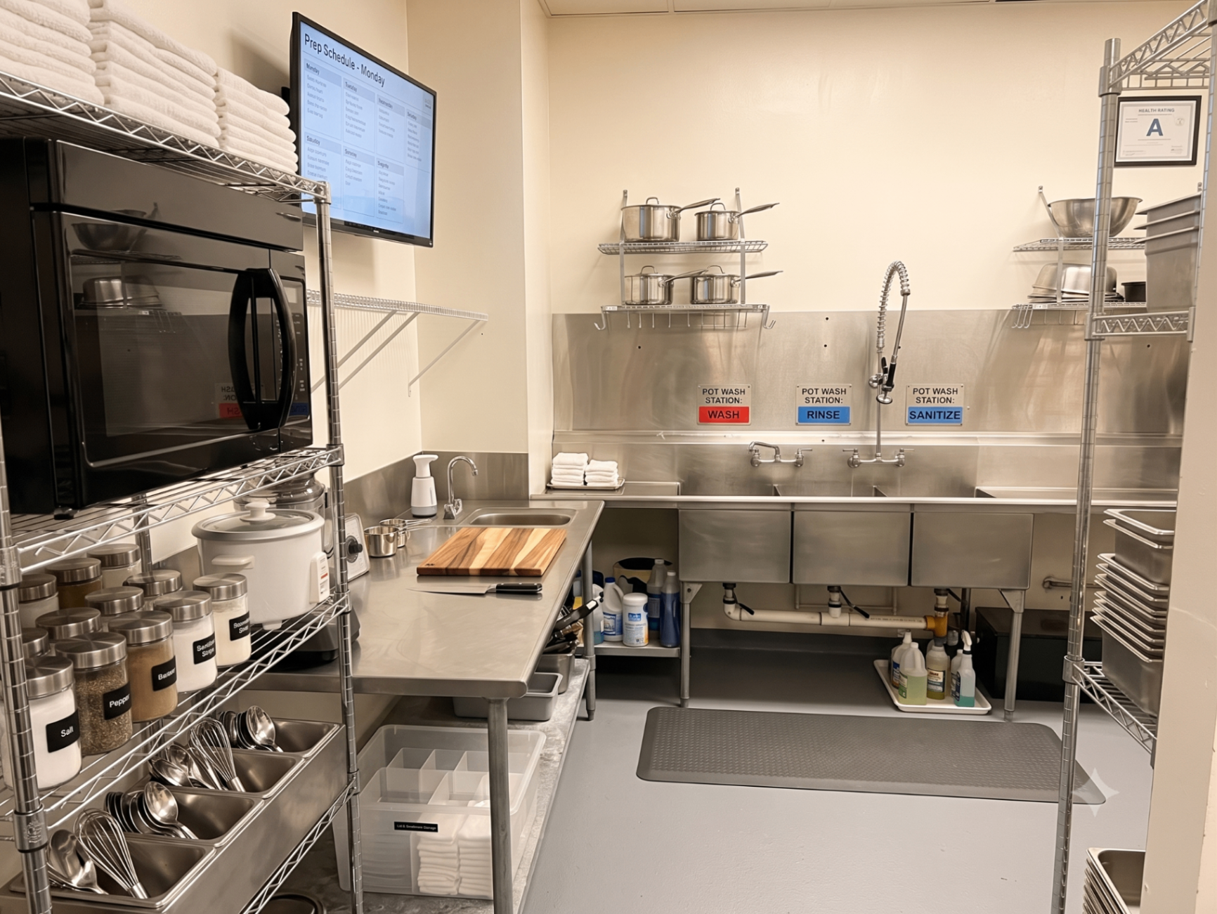 The Spot's real shared commercial kitchen with stainless prep stations