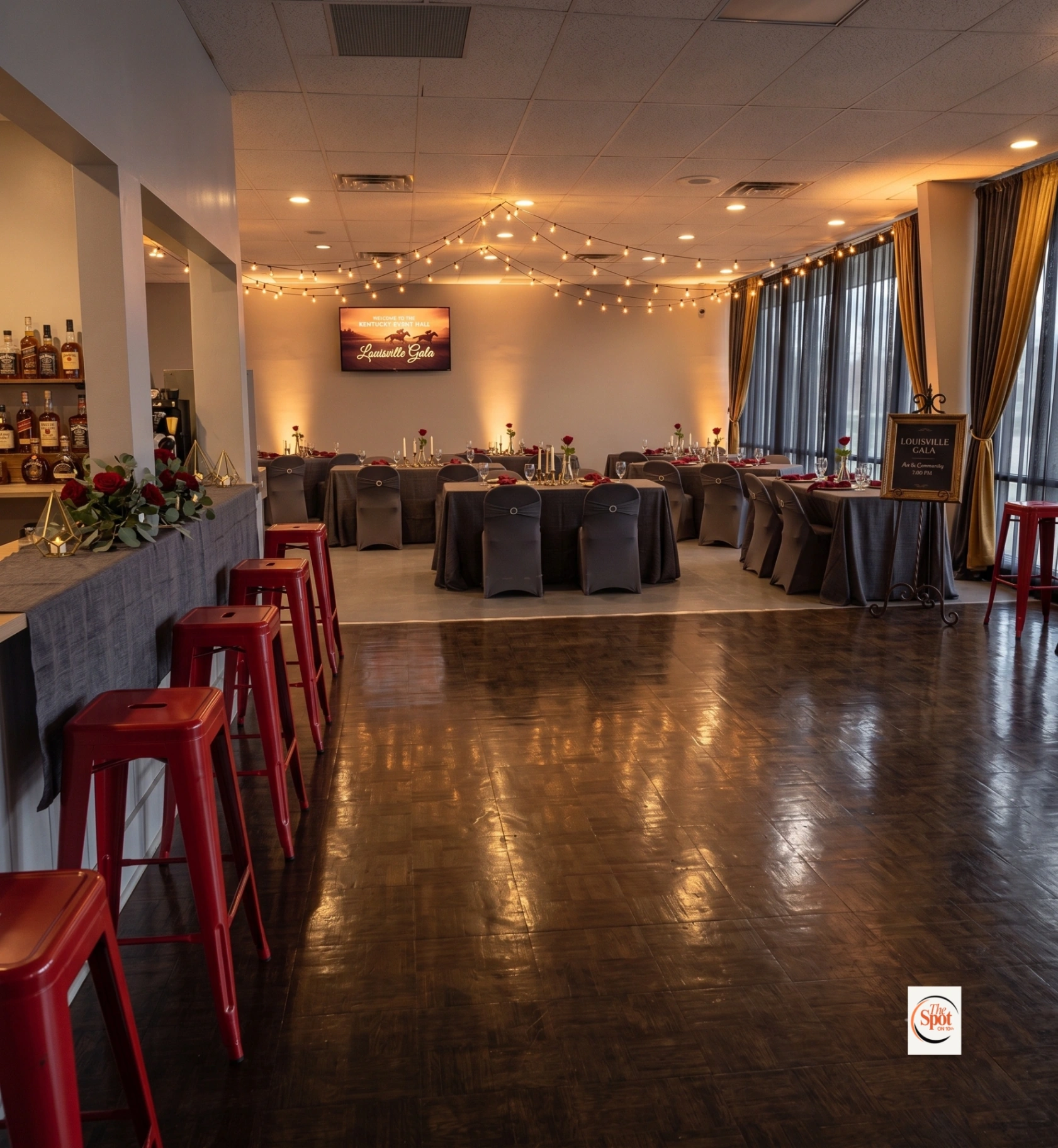 The Spot on 10th decorated for a Louisville Gala with roses, candles, string lights and elegant tablescapes